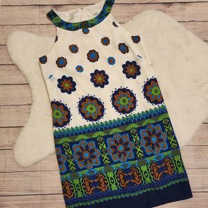 London Times white sleeveless dress with blue/brown floral designs